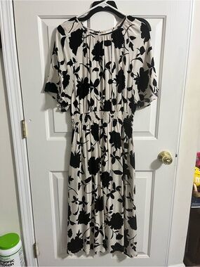 H&M Black Floral Midi Dress in Cream Base Sm/Med